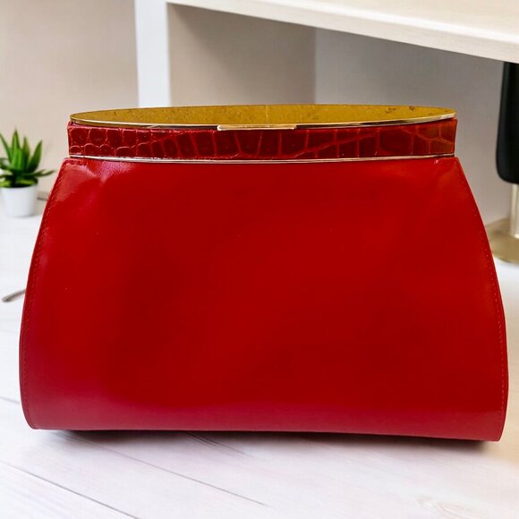 Perry Ellis Red Leather Vintage Clutch Handbag Chrome Croc Print Italy - Picture 12 of 15